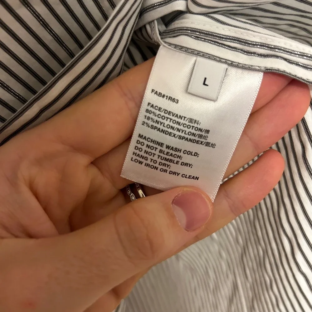 Lafayette 148 New York Striped Metallic Sparkle Cotton Blouse Shirt Large #1R63 - Picture 4 of 9